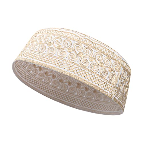 Muslim Prayer Kufi Hat for Men Boys Islamic Beanie Skull Cap Prayer Headwear Embroidery Kofia Topi Sun Hat Ramadan Eid Gift - color: Yellow