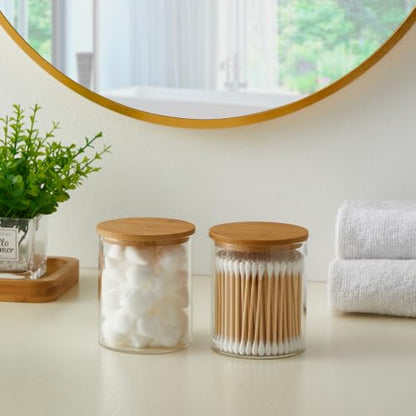 INIUNIK 3 Pack Glass Qtip Holder Dispenser with Bamboo Lid Apothecary Jars Cotton Ball Swab Holder Jar Dispenser Bathroom Vanity Canisters for Countertop Storage and Organization - size: 3 Pack