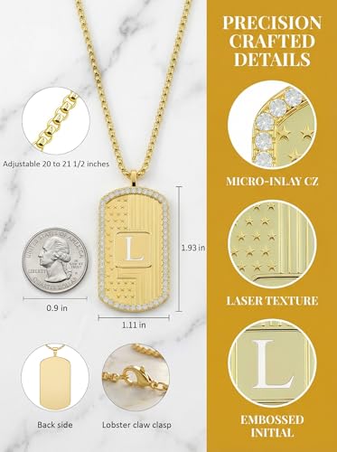 American Flag 18K Gold Plated Initial Dog Tag Alphabet Pendant Necklace for Men&Women, A to Z Copper Pendant Necklace with CZ Stones, Personalized Letter Non-Tarnish Jewelry Gift - style: D