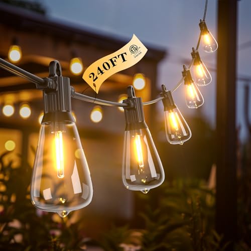 Kawaya 240FT String Lights for Outdoor Patio Waterproof LED Outside Lighting Commercial Grade 120+4 Bulbs Shatterproof Vintage String Lights for Outside Yard Balcony Bistro Porch Gazebo (120FTx2) - size: 240FT