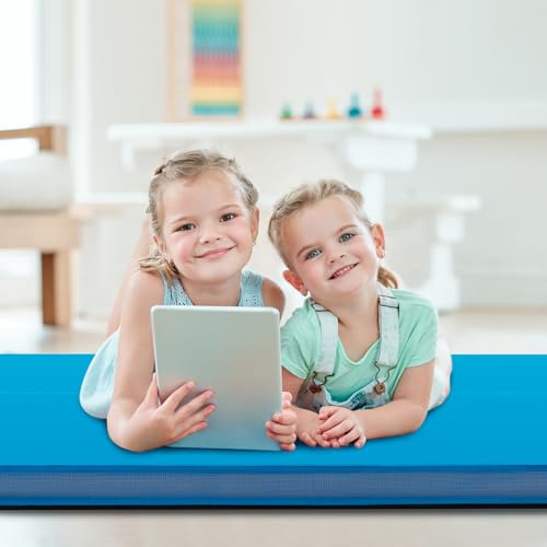 Giantex 4" Thick Folding Gymnastics Mat, 4' x 4' Bio-Folding Exercise Mat with Carry Handles & PU Leather Cover, Gym Home Tumbling Mat for Kids, Yoga, Fitness, Pilates & Martial Arts - color: Blue