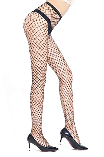 E-Laurels Womens High Waist Patterned Fishnet Tights Suspenders Pantyhose Thigh High Stockings Black - color: Black 5021