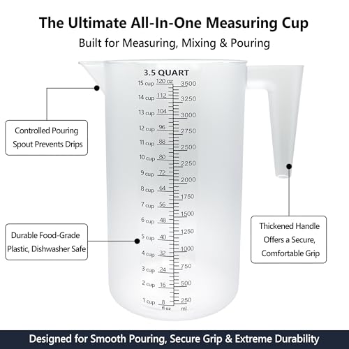 120oz Plastic Measuring Pitcher, 3500ml for Oil, Chemicals & More | Clear laser-etched markings, easy-pour spout, sturdy handle, and large 120oz capacity for measuring and mixing liquids. - size: 120 Ounces