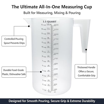 120oz Plastic Measuring Pitcher, 3500ml for Oil, Chemicals & More | Clear laser-etched markings, easy-pour spout, sturdy handle, and large 120oz capacity for measuring and mixing liquids. - size: 120 Ounces