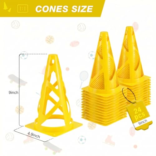 24 Pack Soccer Cones, 9 Inch Agility Cones for Soccer, Football, Basketball, Cones for Sports Training, Speed & Agility Drills, Field Marking Equipment - color: yellow