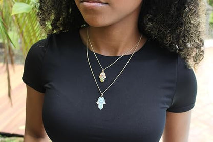 14K Solid Gold Pendant Necklace Hand-Painted Abstract Hamsa Hand and Allah Calligraphy (Evil Eye) - Gift for Men, Women, Daughter, Son, Unisex Adults, Kids - color: Green Evil Eye in Hamsa Hand, style: Pendant w/ Cuban Link 18"