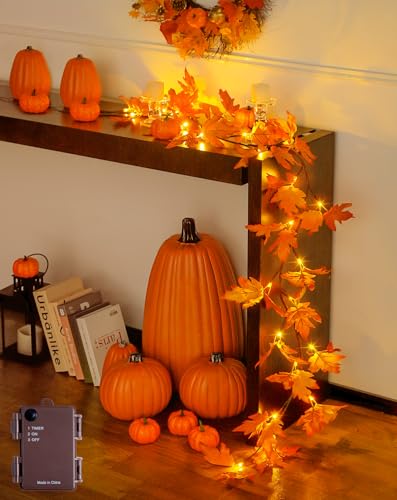 JMEXSUSS 6FT Fall Garland with Lights for Thanksgiving, Fall Decor for Room Fireplace Mantel, 24 Orange LED Maple Fall Lights Battery for Table Home Wall Thanksgiving Party Decoration - color: Maple Leaf