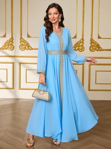 Elegant Muslim Dress Traditional Islamic Attire Maxi Robe Eid Prayer Gown - color: Blue, size: Large