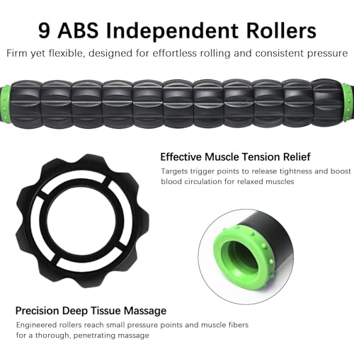 Muscle Roller Massage Roller Stick- Deep Tissue Fascia Blaster for Myofascial Pain Relief, Lymphatic Drainage & Body Sculpting, Handheld Physical Therapy & Recovery Tool (Green Black) - color: Green Black
