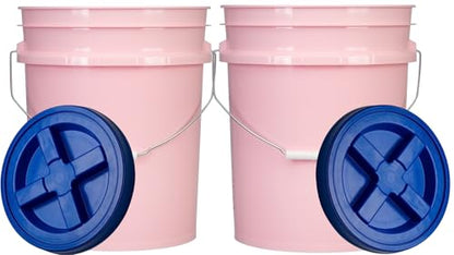 House Naturals Food Grade 5 Gallon Made in USA Plastic Bucket with Air Tight Screw on Lid (Pack of 2) (Pink with Blue Lids) - color: Pink With Blue Lids