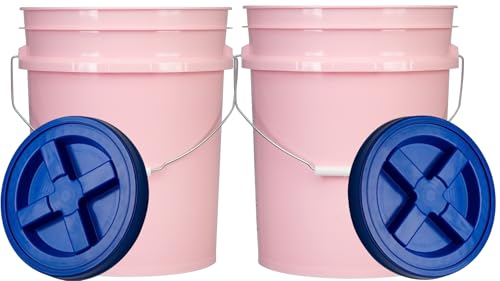 Food Grade 5 Gallon Made in USA Plastic Bucket with Air Tight Screw on Lid (Pack of 2) (Pink with Blue Lids) - color: Pink With Blue Lids