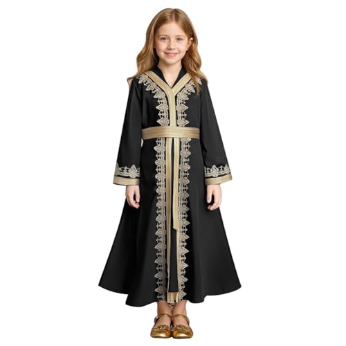 Muslim Dress for Kids Girls Abaya Middle East Ramadan Long Sleeve Lace Prayer Dress Arabic Kaftan with Belt - color: Black, size: 3-4T