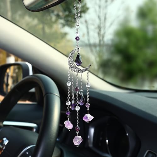 Car Rear View Mirror Accessories Cute Hanging Ornament, Unique Moon Boho Rearview Decor Charm Handmade Amethyst Crystal Beads Swinging Interior Decor for Women Men - color: Moon01