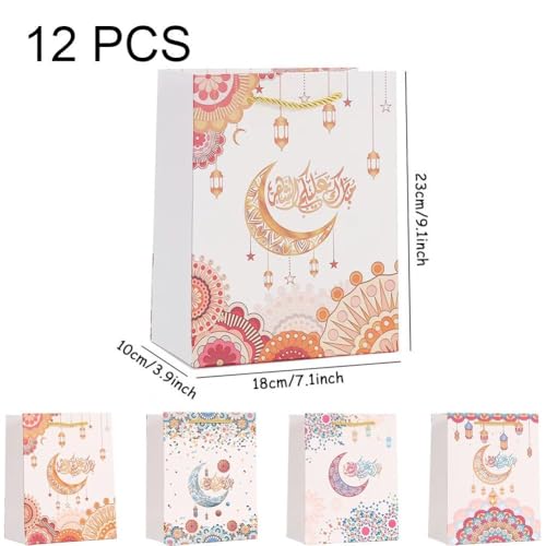 Sanfly Eid Mubarak Gift Bags 12pcs Ramadan Islamic-Themed Handheld Kraft Paper Bag Sweet Candy Bags for Arabian Eid Party