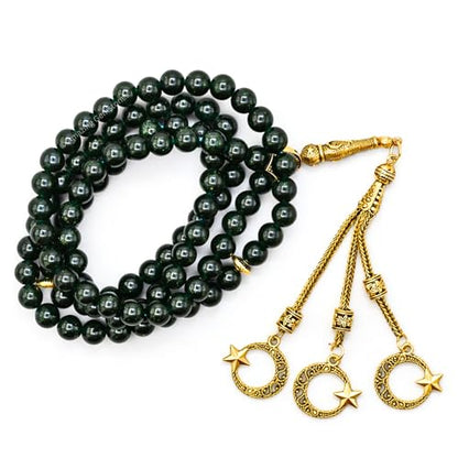 Amazing Gemstone Crystal Tasbeeh with Moon and Star Charm - Certified Crystal Muslim Prayer Beads Natural Gemstone Tasbih Gift for Ramadan Dhikr and Daily Namaz (G) - color: Green Goldstone