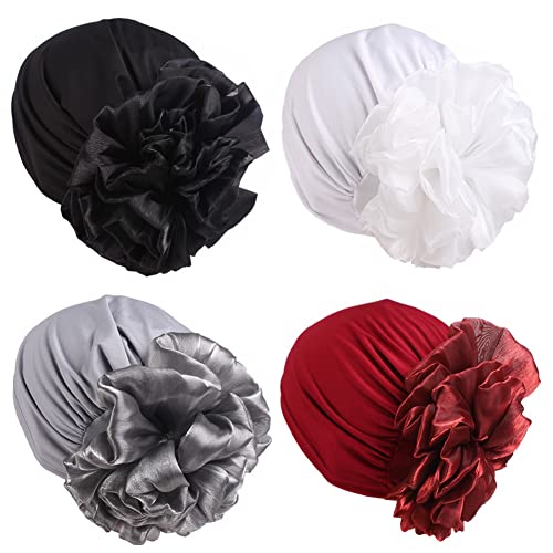 Women Flower Elastic Turban Beanie Head Scarf wrap Chemo Cap hat for Cancer Patient - color: Black White Gray Red