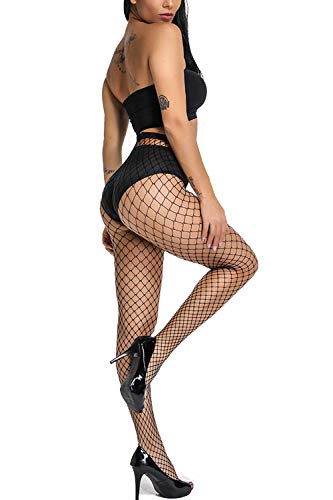 E-Laurels Womens High Waist Patterned Fishnet Tights Suspenders Pantyhose Thigh High Stockings Black - color: Black L Hole