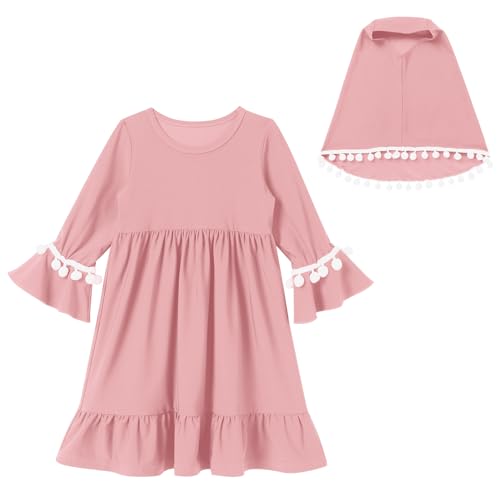 IBTOM CASTLE Abaya for Baby Girls with Hijab 2PCS Muslim Prayer Clothes Long Bell Sleeve Middle East Dubai Islamic Clothing - color: Dusty Pink, size: 2-3 Years