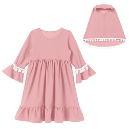 IBTOM CASTLE Abaya for Baby Girls with Hijab 2PCS Muslim Prayer Clothes Long Bell Sleeve Middle East Dubai Islamic Clothing - color: Dusty Pink, size: 6-12 Months