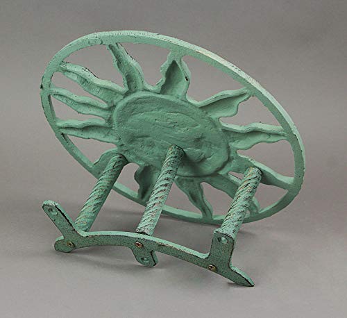 Verdigris Green Finish Cast Iron Sun Face Decorative Wall Mounted Garden Hose Hanger - 12 Inches in Diameter - Simple Installation -75 Foot Capacity Hose Holder | Wall-Mounted Storage, Holds About 75 Feet of Hose, Three-Point Mounting with Bolts and Ancho