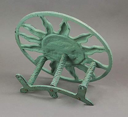 Verdigris Green Finish Cast Iron Sun Face Decorative Wall Mounted Garden Hose Hanger - 12 Inches in Diameter - Simple Installation -75 Foot Capacity Hose Holder | Wall-Mounted Storage, Holds About 75 Feet of Hose, Three-Point Mounting with Bolts and Ancho