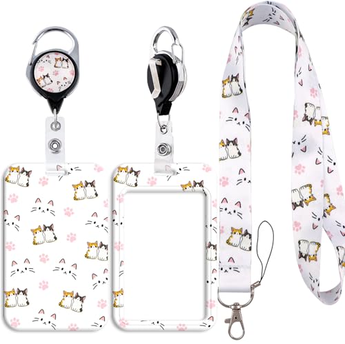 Cats Lanyard Badge Holder Retractable Clip, Vertical ID Card Protector & Badge Reel with Belt Clip Cute Design for Girls Kids Women - color: Cute Cat