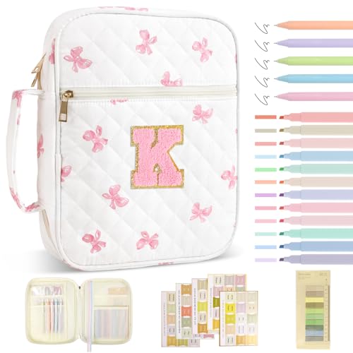 Personalized Initial Bible Cover Case for Women Girls Kid - Large Quilted Bible Case with Handle,Chenille Letter Bag Study Supplies,Christmas Gifts for Christians Birthday Graduation(Pink Bow-K) - color: Pink Bow, size: letter-K