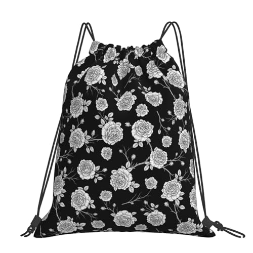 Breathable Polyester Drawstring Bag Black Roses Pattern, Large Capacity String Backpack for Swimming Pool - color: Pattern (362)