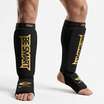 Be Smart MMA Shin Guards for Kickboxing, Muay Thai & Martial Arts – Padded Instep Protection, Lightweight Cotton Elastic Shin Pads – Adult & Youth Training Gear - color: Black/Gold, size: Large-X-Large
