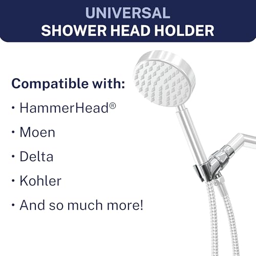 HammerHead Showers® Solid Metal Handheld Shower Head Holder - Chrome - Adjustable Shower Wand Holder with Wall Hook Bracket and Pivot Ball - Hand Held Shower Head Holder - Shower Hose Holder - color: Chrome