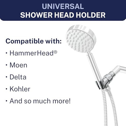 HammerHead Showers® Solid Metal Handheld Shower Head Holder - Chrome - Adjustable Shower Wand Holder with Wall Hook Bracket and Pivot Ball - Hand Held Shower Head Holder - Shower Hose Holder - color: Chrome