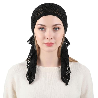 Women Slip-On Pre-Tied Beanie Headwear, Turban Covering Wrap Beanie Caps Headscarf, Stretchy Elastic Band Headwrap - color: Black