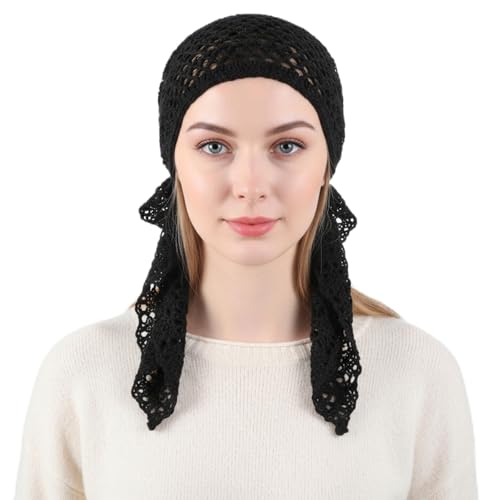 Women Slip-On Pre-Tied Beanie Headwear, Turban Covering Wrap Beanie Caps Headscarf, Stretchy Elastic Band Headwrap - color: Black