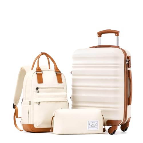 LONG VACATION Luggage Sets, 3 Piece, 20 Inch Carry On Hardshell Suitcase - color: BEIGE-BROWN, size: 3-Piece Set (20-Inch BP/TB)