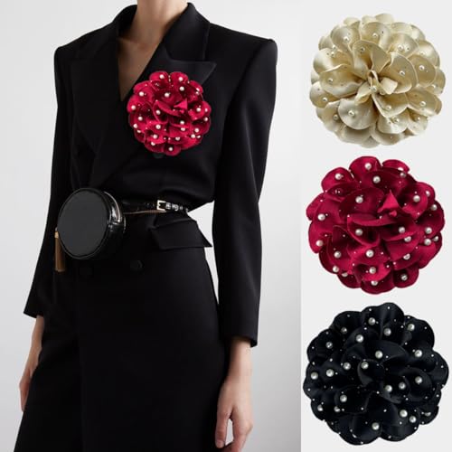 FUTIMELY Dainty Satin Fabric Rose Flower Large Brooch Pin Handmade Big Camellia Brooch Lapel Pins Wedding Party Dance Banquet Dress Suit Ceremony Clothes Accessories Jewelry Gifts for Women (Black1)