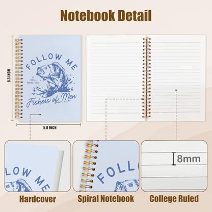 WUCHJ Blue and Yellow Retro Fish Christian Notebook, Matthew 4:19 Bible Verse Journal, Religious Scripture Spiral Notebook Journal for Note Taking, Christian Faith Based Gifts for Women Men, 5.5x8.3 Inch - color: blue fish follow me
