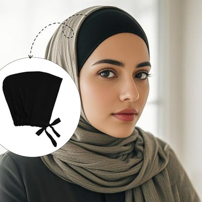 5Pcs Islamic Muslim Under Hijab Cap Inner UnderScarf for women Inner Under Scarf Hat Hijab Cap with Tie Back Closure - color: Black\blue\white\beige\khaki