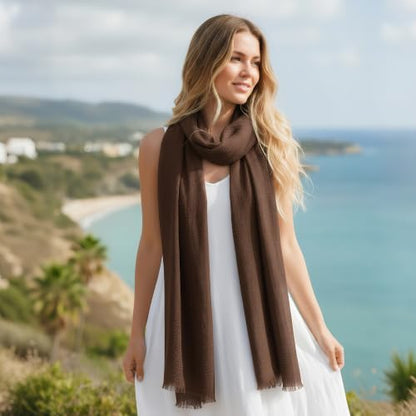 Nydotd Women Summer Cotton Linen Scarf Crinkle Long Beach Shawl Wrap hijab with Fringe - color: Dark Brown