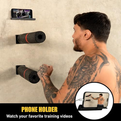 Elite Wall-Mount Punching Bag Training Bar with Phone Holder, Wall Brawl Boxing Speed Bag Reflex Trainer Equipment for Wing Chun, Kung Fu, Self Defense, MMA, Fitness, Uppercuts, Hooks, Jabs, Sparring