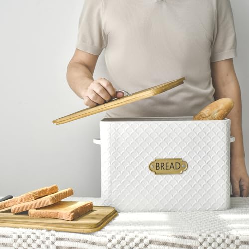 EMAX HOME Extra Large Space Saving Farmhouse Bread Box With Wood Lid - Holds 2 Loaves - Vertical Breadbox Bread Storage Bin Holder for Kitchen Countertop, White - color: Fish Scale Embossing