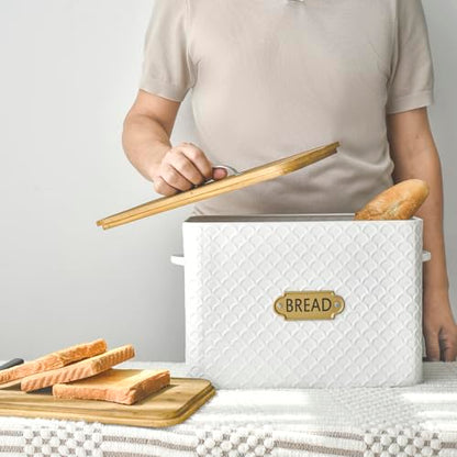 EMAX HOME Extra Large Space Saving Farmhouse Bread Box With Wood Lid - Holds 2 Loaves - Vertical Breadbox Bread Storage Bin Holder for Kitchen Countertop, White - color: Fish Scale Embossing
