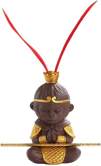 Handmade 4.6" Monkey King Statue Sun Wukong Buddha Zen Monk Figure Chinese zisha Purple Clay Sculpture with Golden Cudgel, Collectible Purple Sand Tea Pet fish tank Home Car Decor Tea Tray