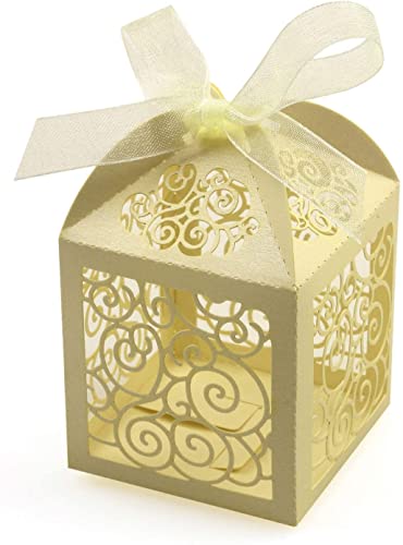 KPOSIYA 70 Pack Wedding Favor Boxes Laser Cut Boxes Party Favor Box Small Gift Boxes Lace Candy Boxes for Wedding Bridal Shower Baby Shower Birthday Party Anniverary with Ribbons (Beige, 70) - color: Beige 70