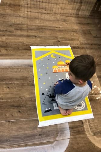 Kids Islamic Prayer Rug, Educational, Black, 30 x 47 inches, Cotton, Tufted, Low Pile, Handmade, Cotton Back