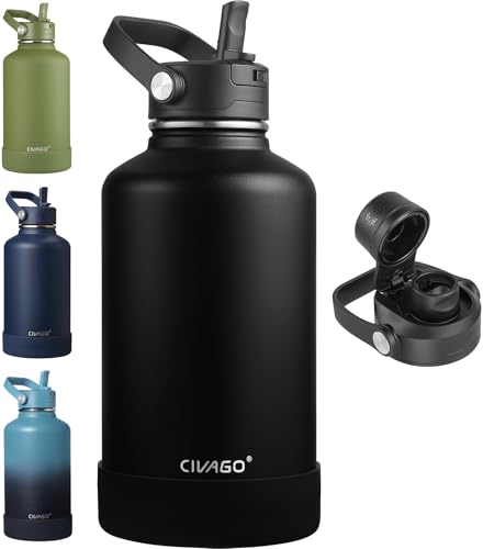 CIVAGO 64 oz Insulated Stainless Steel Water Bottle with Detachable Straw, Large Half Gallon Water Jug with Bucket Handle, Big Metal Leakproof Flask with Silicone Boot for Gym, Dishwasher Safe, Black - color: Black, size: 64 Ounces