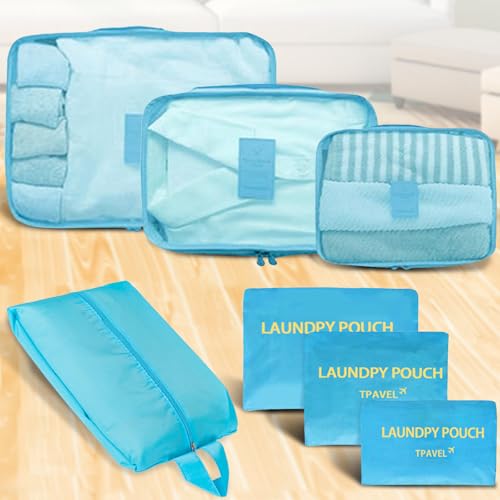 Trave Packing Cubes 7 Set Travel Organizer Bags Trip Compression Bags Luggage Packing Cubes for Suitcases Travel Accessories (Sky Blue) - color: Sky Blue