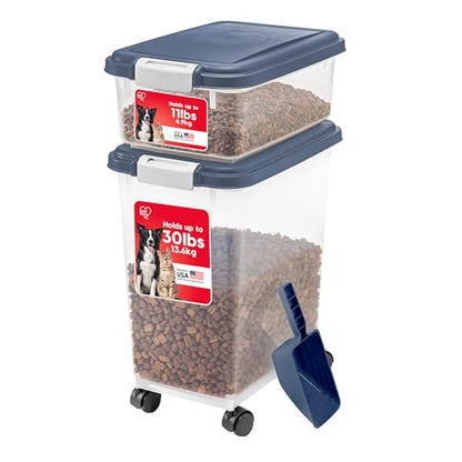 IRIS USA Dog Food Storage Container, 30 lbs & 11 lbs Combo, Cat Food Storage Container, Dog Treat Container, Airtight, Stackable, 2-Cup Scoop, Wheels, Easy Mobility, Navy - color: Navy