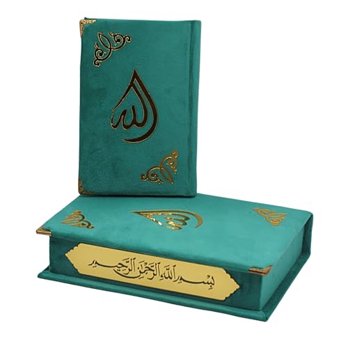 Al Quran Ul karim 13 Line Hafizi Holy koran Arabic Text With Beautiful Design Velvet Cover box - Taj Company Qura'n (Turquoise)
