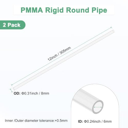 M METERXITY 2-Pack Clear Rigid Acrylic Pipe, 6mm[0.24"] ID x 8mm[0.31"] OD Plastic Round Tube for Water Cooling System/Lamps/Fountains/Aquariums/Display Stand, Acrylic Tubing [305mm/12IN] - size: 6mm ID x 8mm OD