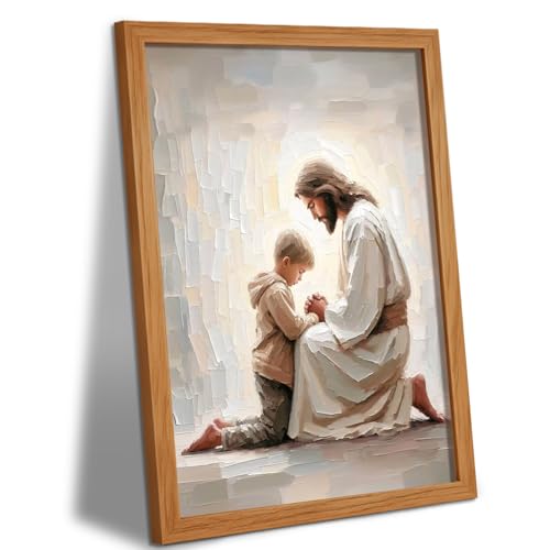 AUUAUU Jesus and Boy Praying Christian Wall Art 12x16 Inches Wooden Framed - color: Wooden Framed Jesus and boy, size: 16"L x 12"W